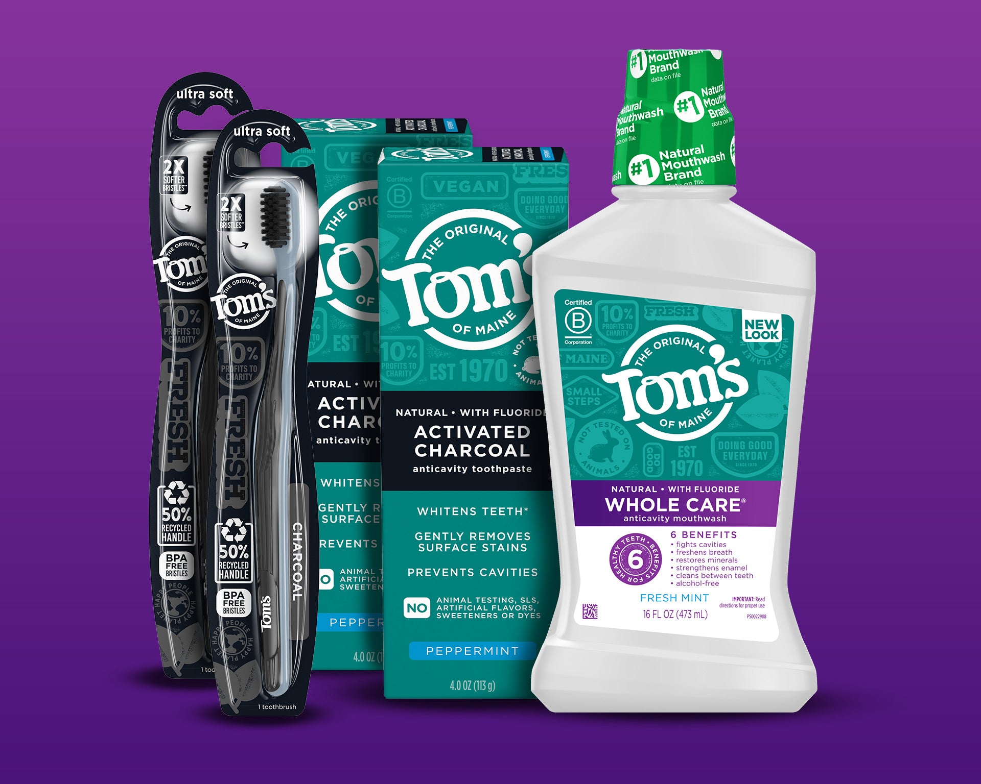 Tom’s of Maine dental care products including toothbrushes and mouthwash on a purple background