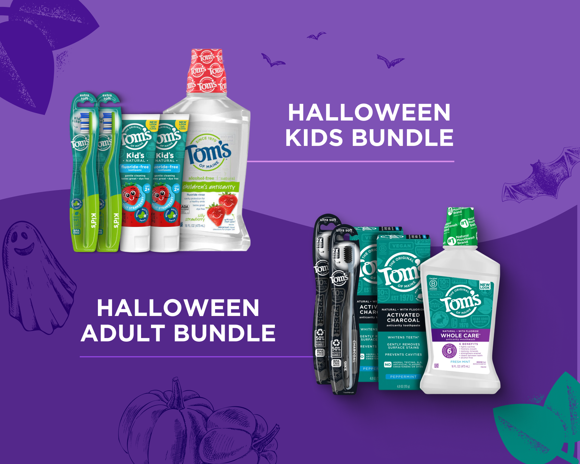 Tom's of Maine dental products with Halloween-themed packaging on a purple background